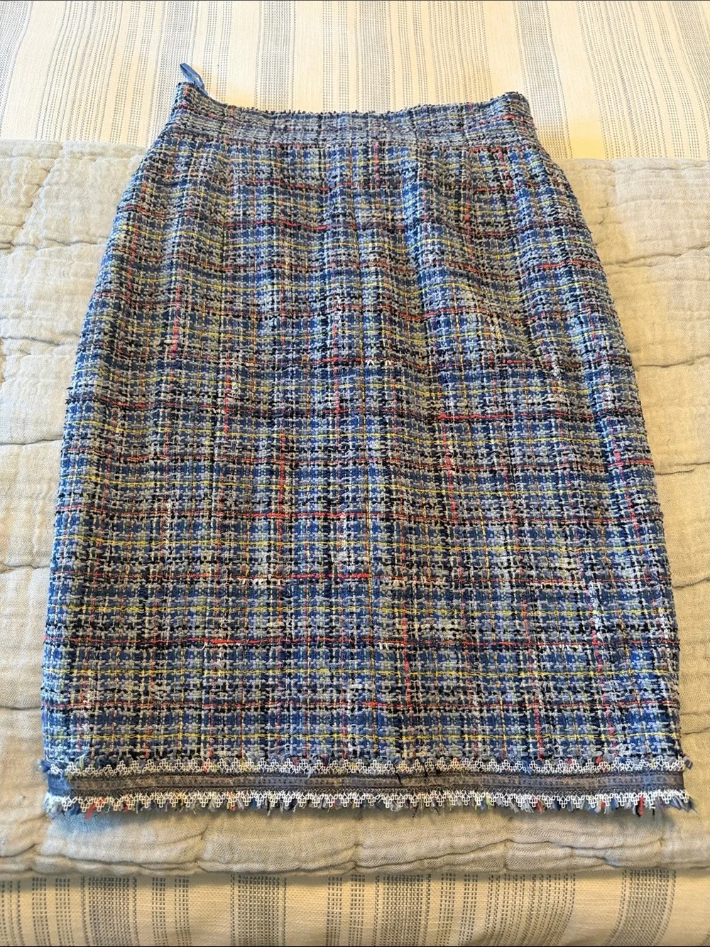 CHANEL Blue Multicolor Tweed Pencil Skirt with Fringed Trim
